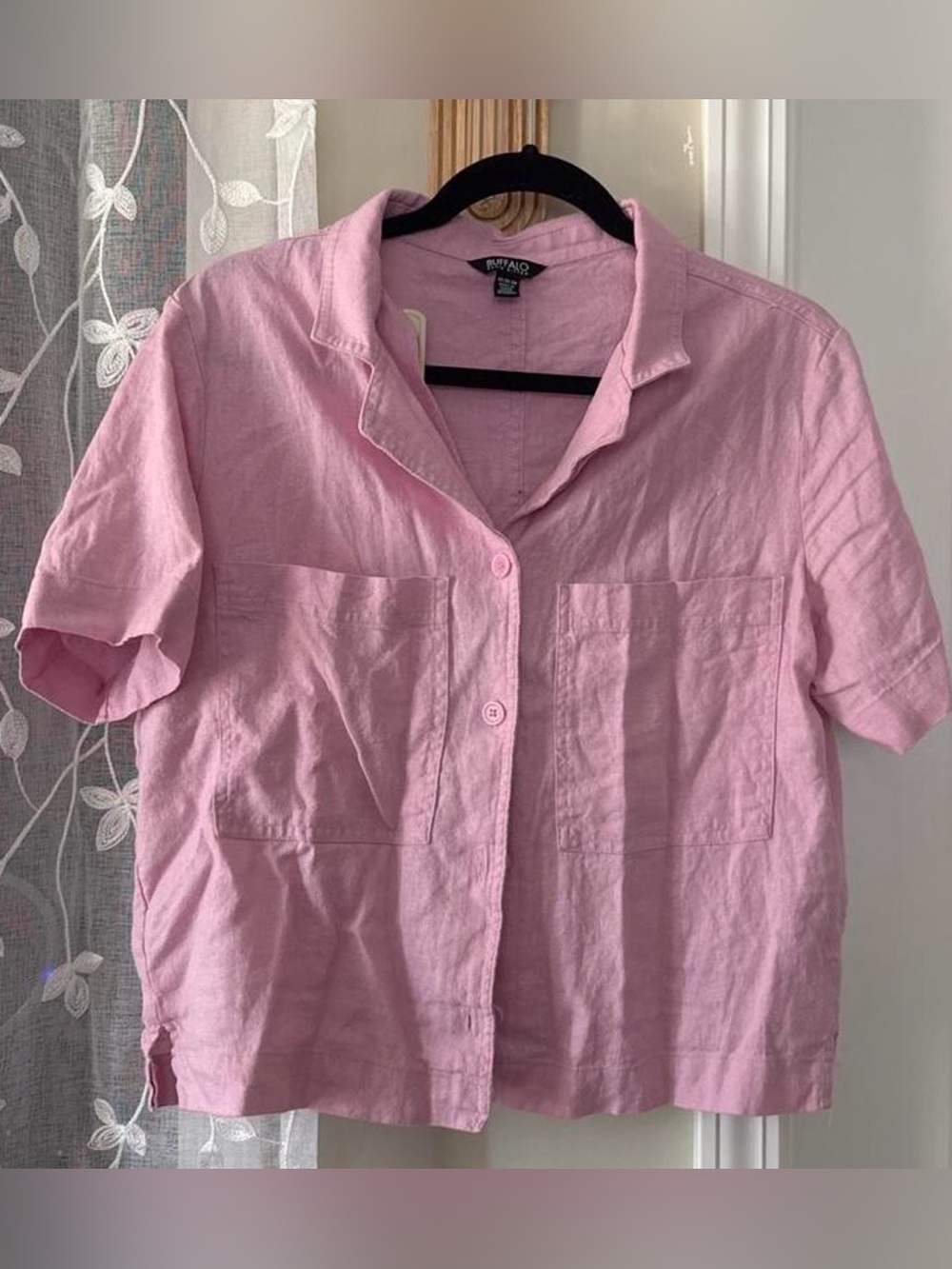Pink Cropped Sleeve Button-Up Top